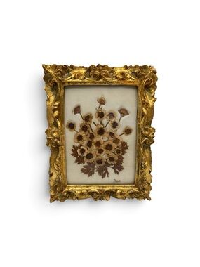 Vintage 1970s Pressed Flower Art Ornate Gold Frame Signed Bee 9x7”